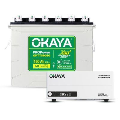 Okaya Advanced True Sine Wave Inverter (ATSW 1400 12V - 1150VA) & XBD+ Certified Tall Tubular Battery (OPTT19060 160Ah/12V) Combo | Complete Power Pair For Home, Office & Shops