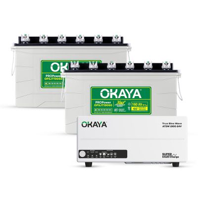 Okaya Power Pair | Advanced Inverter & Battery Combo | ATSW 1900 24V UPS/Inverter (1650VA) & 2× XBD+ Certified SJT Battery (OPSJT19060 160Ah/12V) | For Home, Office & Shops