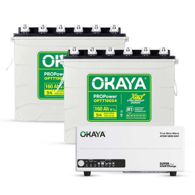 Okaya Power Pair | Advanced Inverter & Battery Combo | ATSW 1900 24V UPS/Inverter (1650VA) & 2× XBD+ Certified Tall Tubular Battery (OPTT19054 160Ah/12V) | For Home, Office & Shops