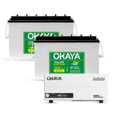 Okaya Power Pair | Advanced Inverter & Battery Combo | ATSW 2550 24V UPS/Inverter (2000VA) & 2× XBD+ Certified JXT Battery (OPJXT12048 90Ah/12V) | For Home, Office & Shops