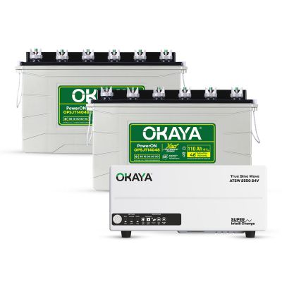 Okaya Power Pair | Advanced Inverter & Battery Combo | ATSW 2550 24V UPS/Inverter (2000VA) & 2× XBD+ Certified SJT Battery (OPSJT14048 110Ah/12V) | For Home, Office & Shops