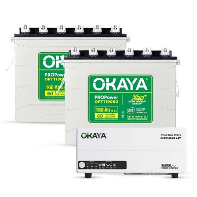 Okaya Power Pair | Advanced Inverter & Battery Combo | ATSW 2550 24V UPS/Inverter (2000VA) & 2× XBD+ Certified Tall Tubular Battery (OPTT19060 160Ah/12V) | For Home, Office & Shops
