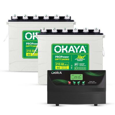 Okaya Power Pair | Advanced Inverter & Battery Combo | ATSW 3050 24V UPS/Inverter (2500VA) & 2× XBD+ Certified Tall Tubular Battery (OPTT24060 210Ah/12V) | For Home, Office & Shops