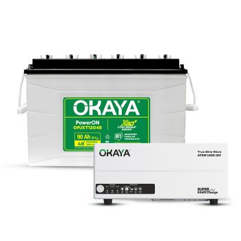 Okaya Advanced True Sine Wave Inverter (ATSW 1400 12V - 1150VA) & XBD+ Certified JXT Battery (OPJXT12048 90Ah/12V) Combo | Complete Power Pair For Home, Office & Shops