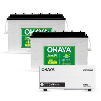 Okaya Power Pair | Advanced Inverter & Battery Combo | ATSW 1900 24V UPS/Inverter (1650VA) & 2× XBD+ Certified JXT Battery (OPJXT12048 90Ah/12V) | For Home, Office & Shops