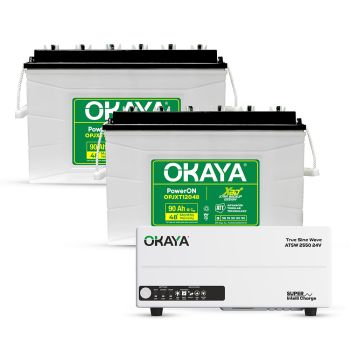 Okaya Power Pair | Advanced Inverter & Battery Combo | ATSW 2550 24V UPS/Inverter (2000VA) & 2× XBD+ Certified JXT Battery (OPJXT12048 90Ah/12V) | For Home, Office & Shops