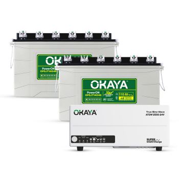 Okaya Power Pair | Advanced Inverter & Battery Combo | ATSW 2550 24V UPS/Inverter (2000VA) & 2× XBD+ Certified SJT Battery (OPSJT14048 110Ah/12V) | For Home, Office & Shops